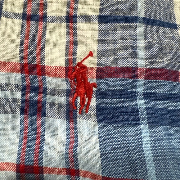 Ralph Lauren Shirt Mens Large Blue White Red Plaid 100% Linen - Picture 3 of 12